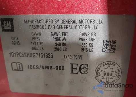 2016 Chevrolet Cruze Limited 1Ls z USA, uszkodzony, nr VIN 1G1PC5SHXG7161326